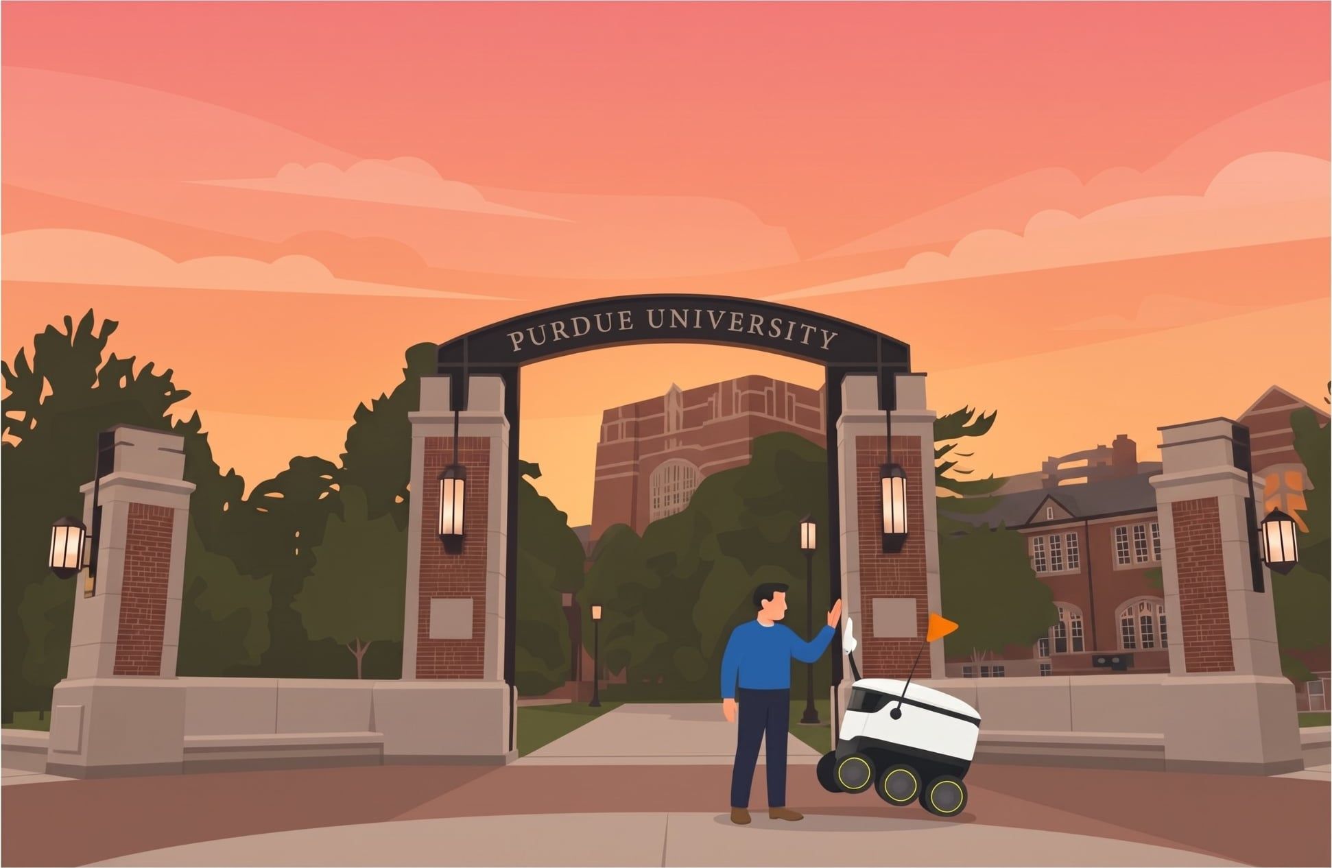 Illustration of a student waving at a Starship delivery robot under the Purdue University gateway arch at sunset