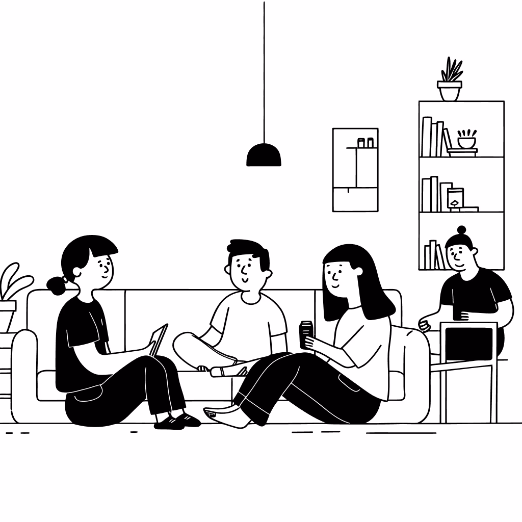 Illustration of four friends planning together in a living room