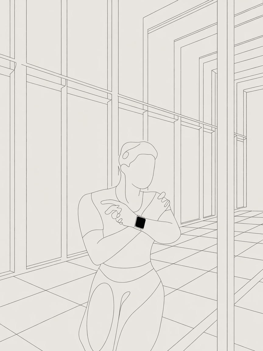 Line illustration of a person wearing a smartwatch in a gym