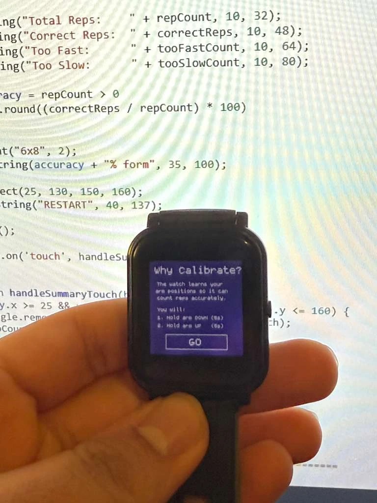 Bangle.js 2 showing the “Why Calibrate?” explainer: hold arm down for 5s, then up for 5s