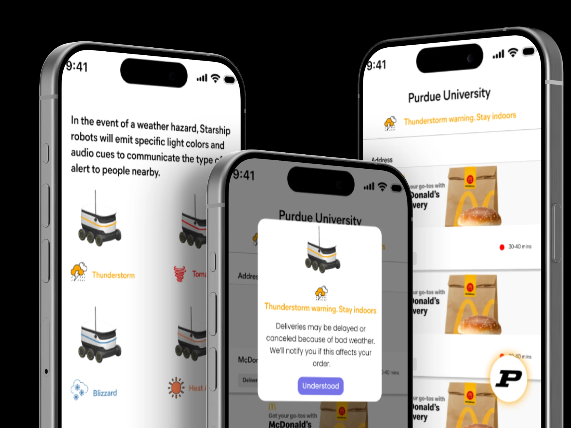 Three phone mockups: the onboarding screen, the weather alert dialog, and the home screen with the hazard banner