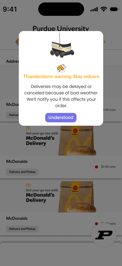 Alert dialog: thunderstorm warning, stay indoors, deliveries may be delayed or canceled, with an Understood button