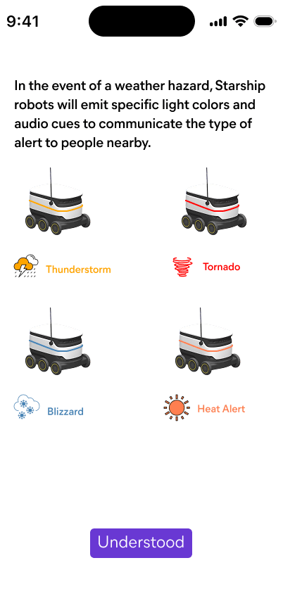 Onboarding screen showing robot light colors for thunderstorm, tornado, blizzard, and heat alerts