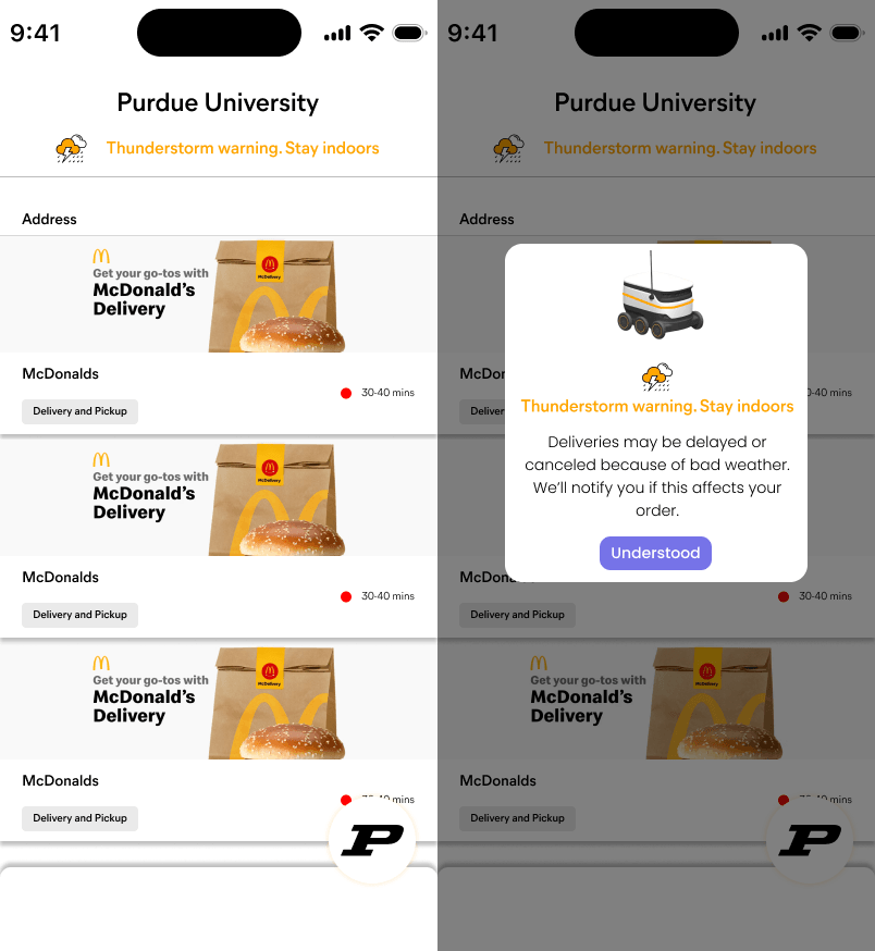 Starship app home screen with a thunderstorm warning banner, and the alert dialog explaining that deliveries may be delayed