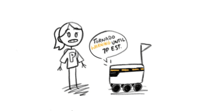 Sketch of a student hearing a Starship robot announce a tornado warning until 7pm, with an orange light band around its body