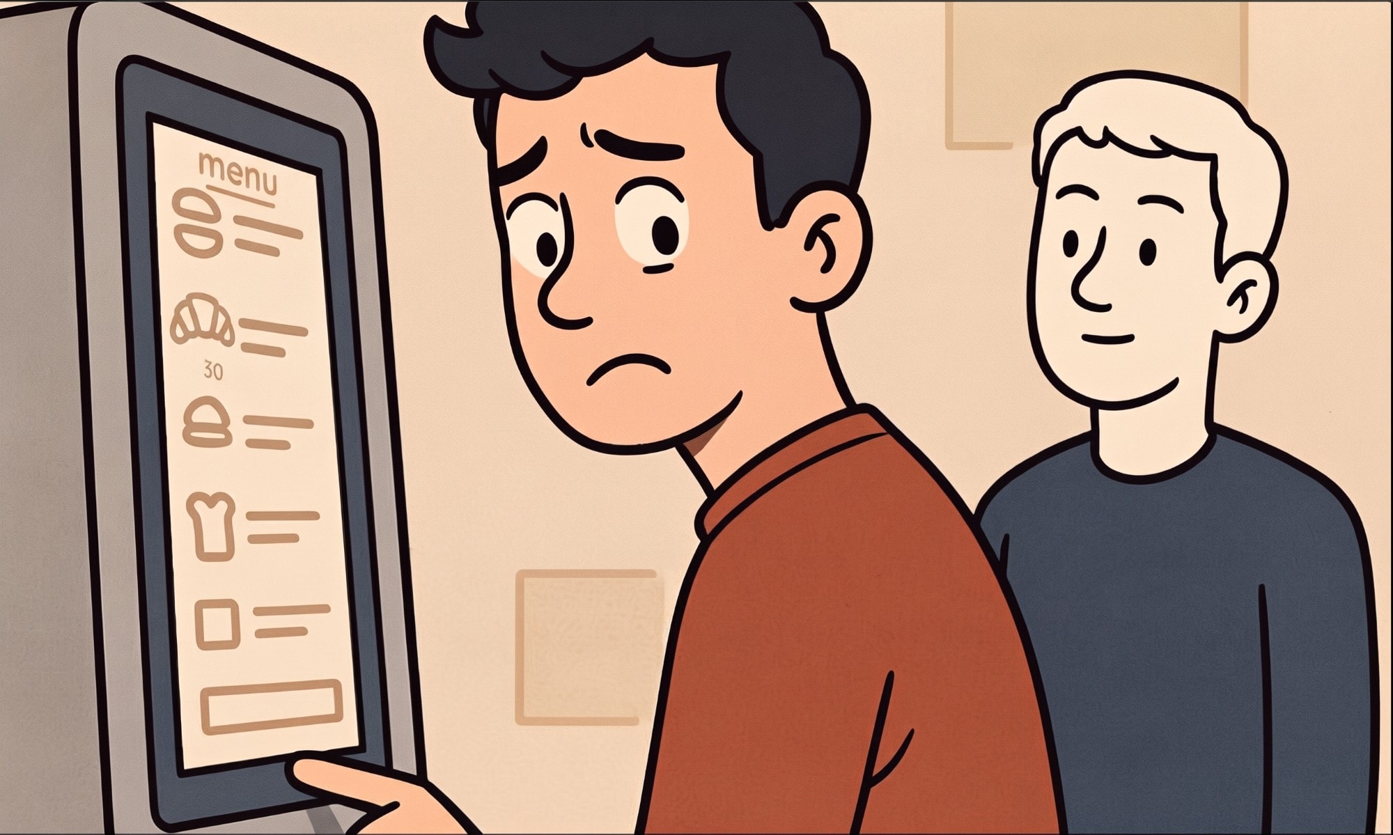 Illustration of a worried customer at a self-order kiosk while another customer stands close behind him