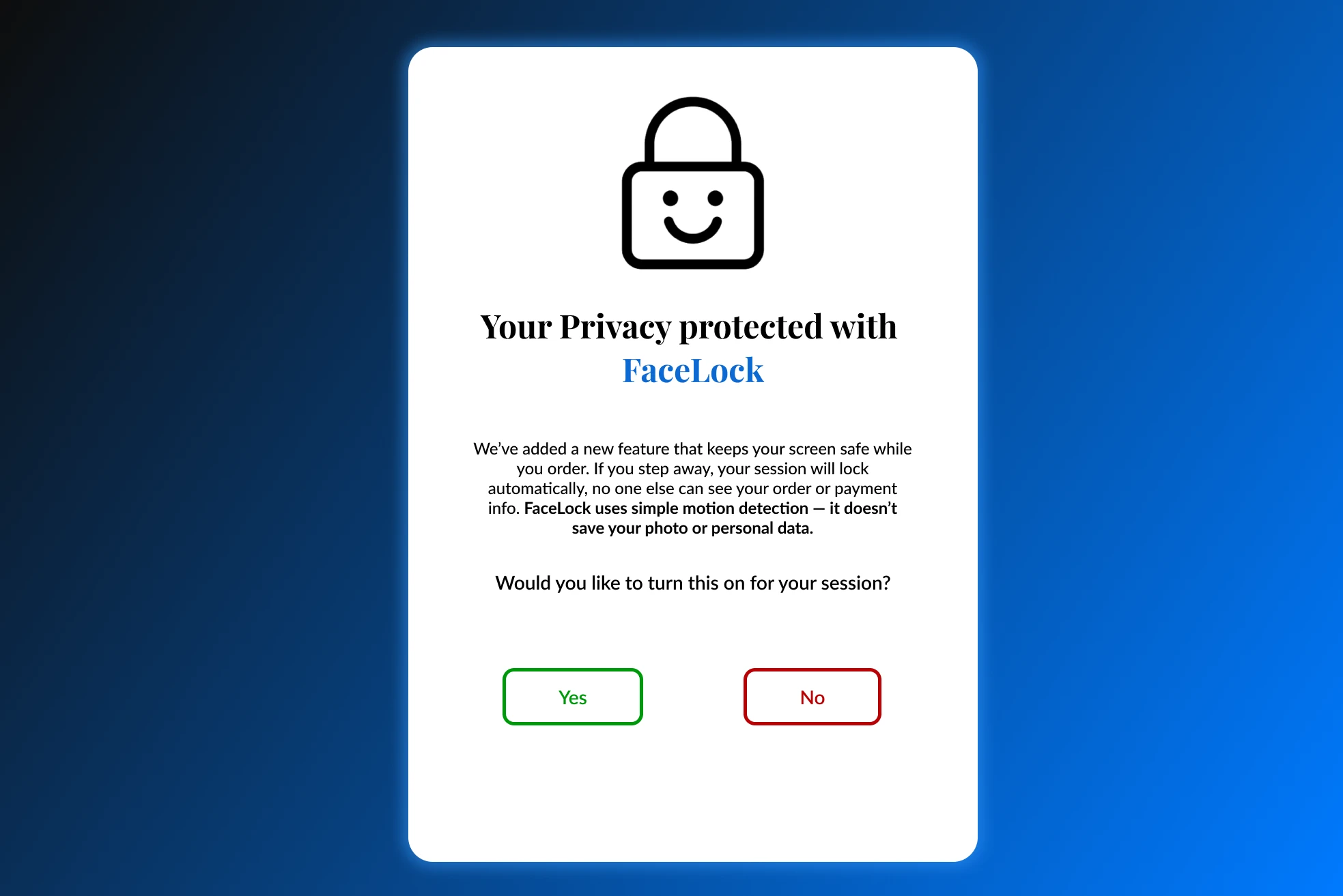 FaceLock intro screen: Your privacy protected with FaceLock, explaining that it uses simple motion detection and saves no photo or personal data, with Yes and No buttons