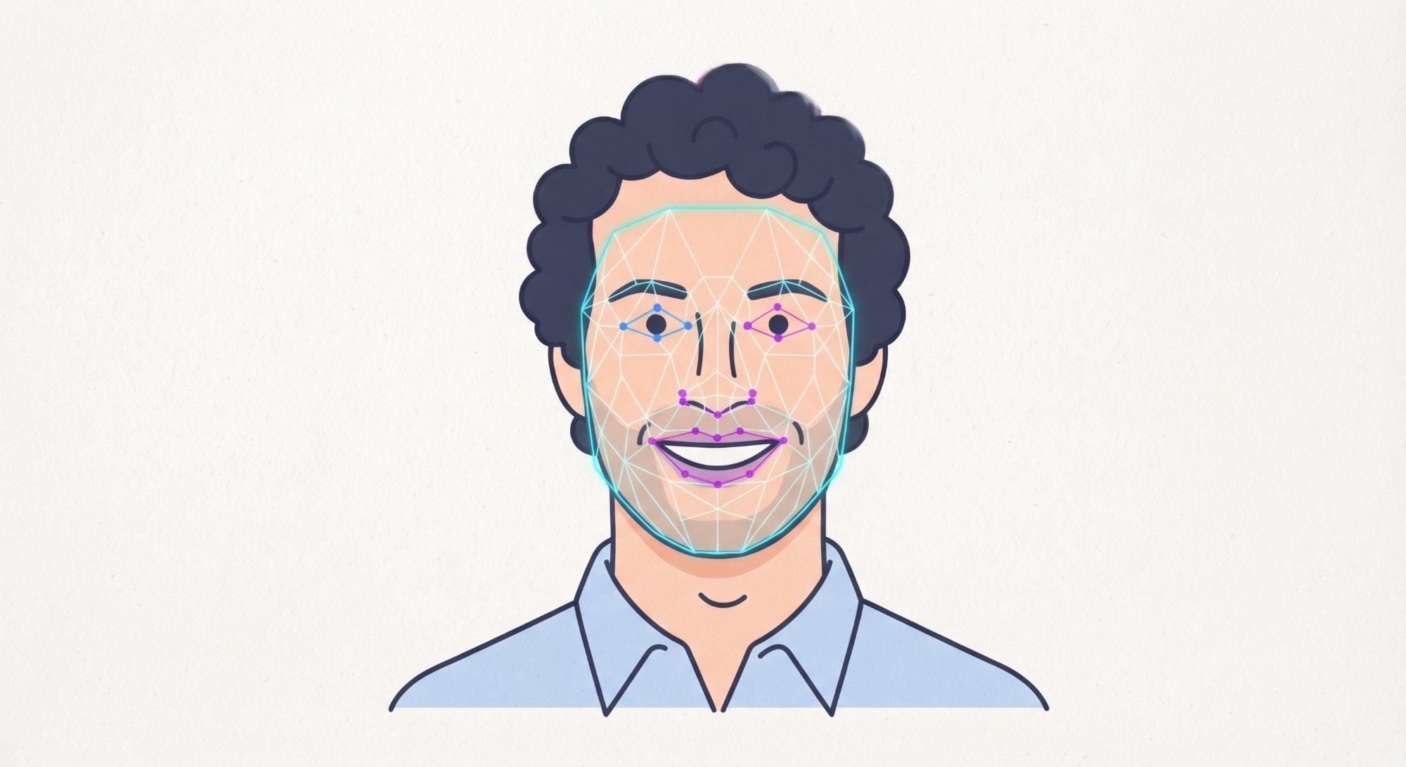Illustration of a face with a detection mesh over it, tracking eyes, nose, and mouth