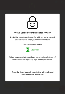 Locked kiosk screen: We've locked your screen for privacy, with a 20 second countdown