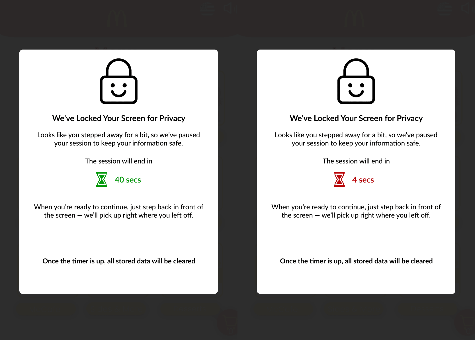 Two lock screens side by side: the timer at 40 seconds in green, and at 4 seconds in red