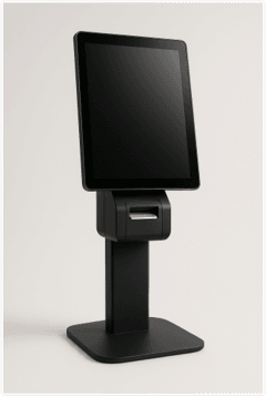 Self-order kiosk on a stand with a dark privacy screen over the display