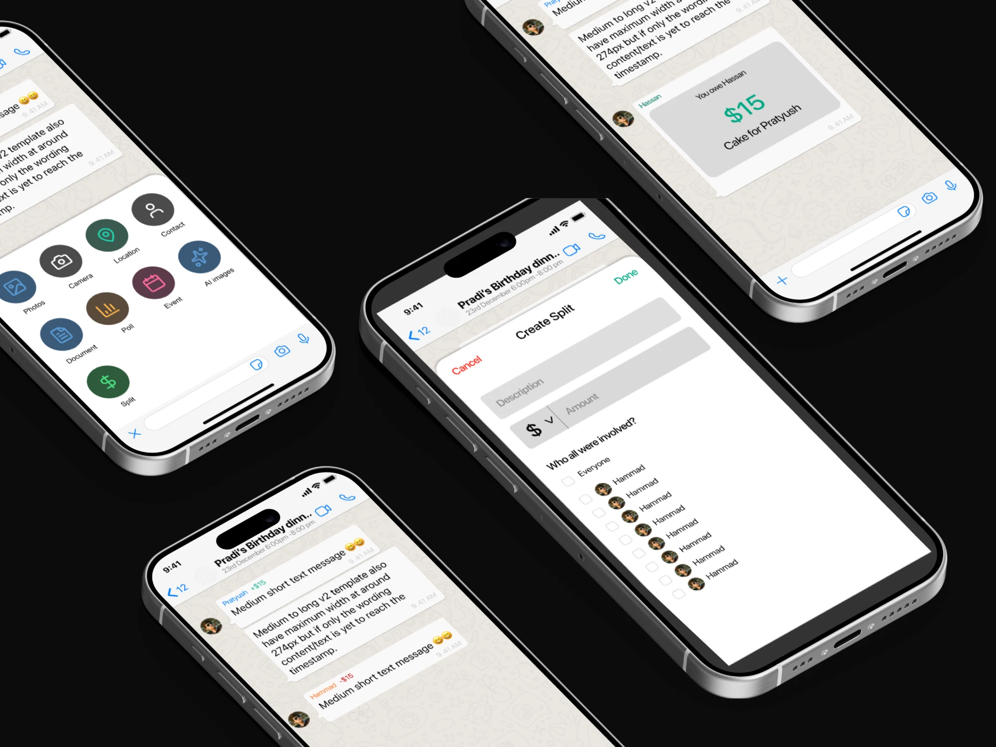 Phone mockups of the attachment menu with Split, the Create Split sheet, the $15 owed card, and the chat with split tags