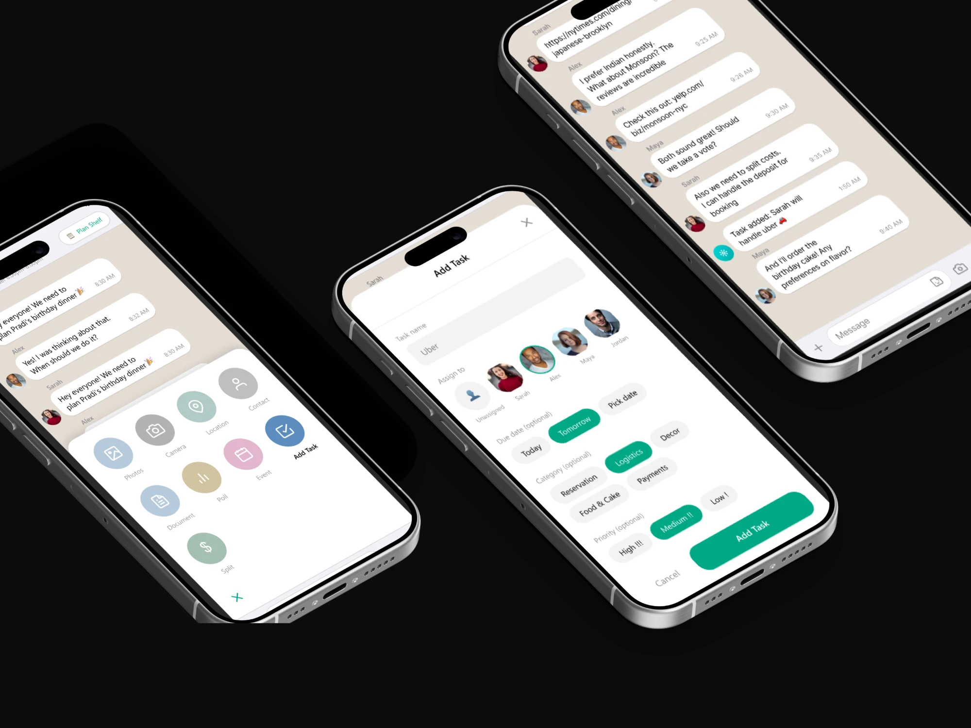 Phone mockups of the attachment menu with Add Task, the Add Task sheet, and the chat with a task-added message