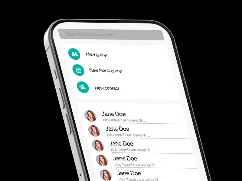 Phone mockup of the new chat menu with the New Plan-It group option