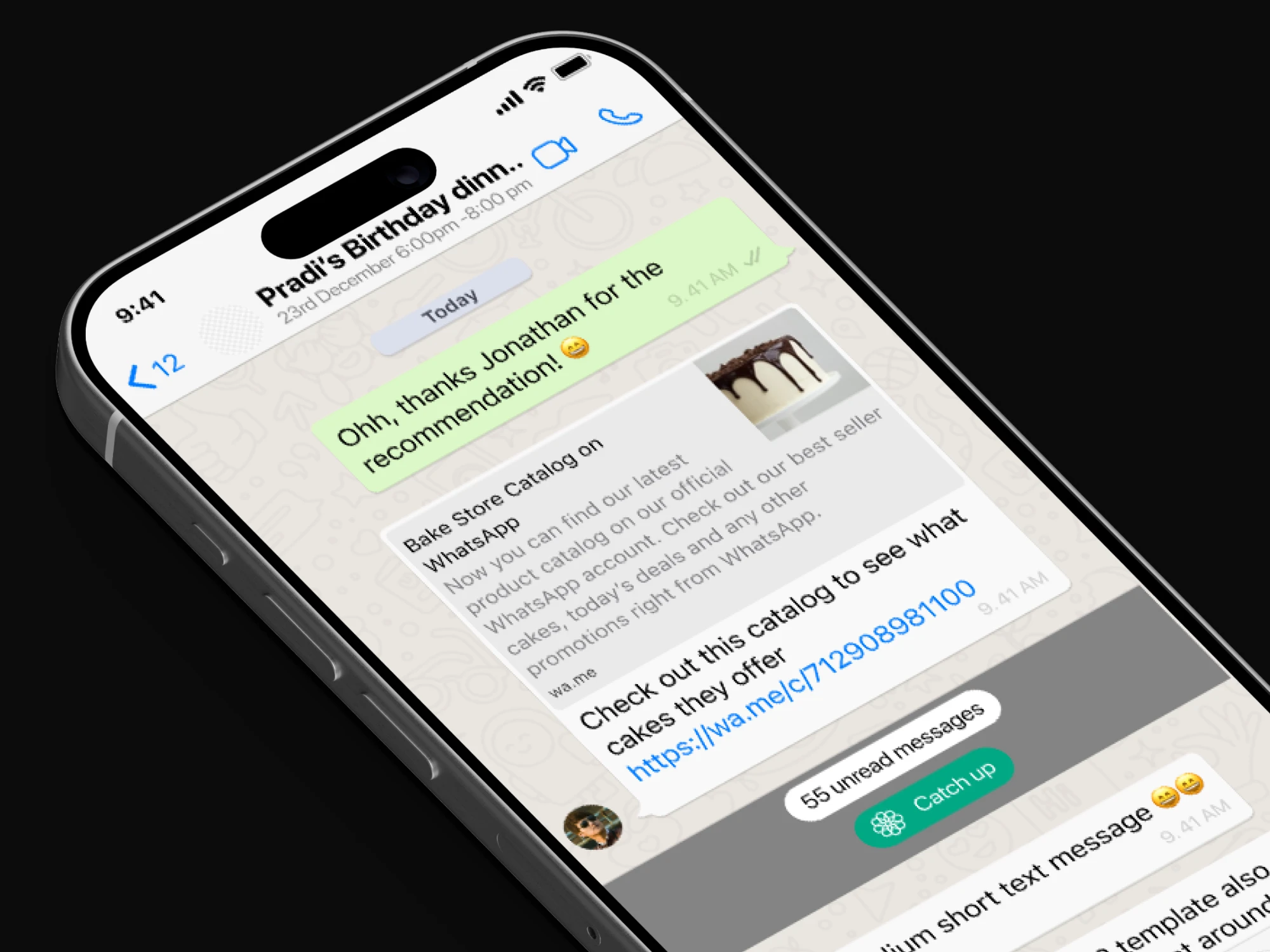 Phone mockup of a group chat with 55 unread messages and the Catch up button