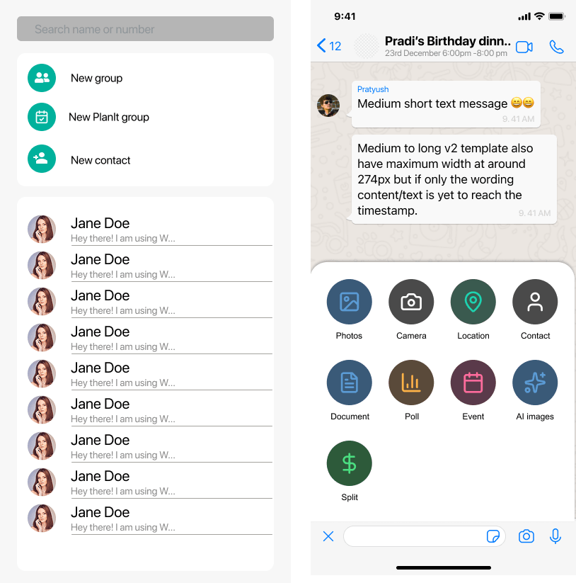 Early Plan-It concept screen inside a chat: a New Plan-It group option in the new chat menu, and a Split option in the chat attachment menu