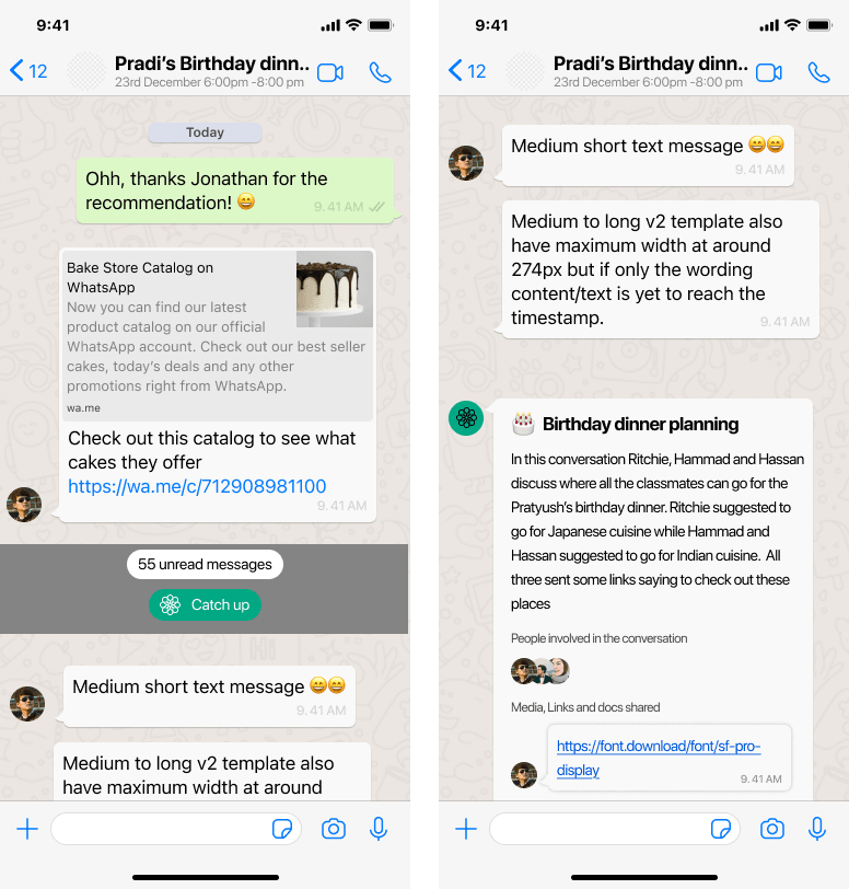 Plan-It AI Summarizer screen: a Catch up button under 55 unread messages, and the resulting Birthday dinner planning summary card