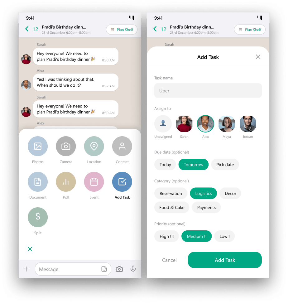 Plan-It Task Assignment screen: Add Task in the attachment menu, and the Add Task sheet with assignee, due date, category, and priority