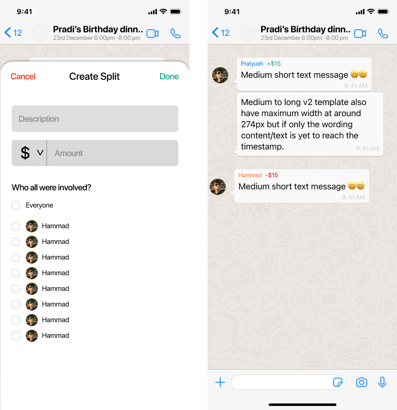 Plan-It Split screen: the Create Split sheet, and the chat showing +$15 and -$15 tags visible only to the people involved
