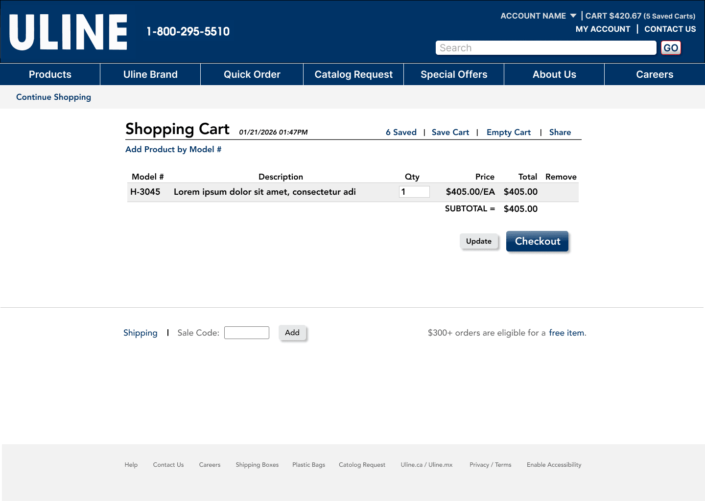 Uline shopping cart page with one item