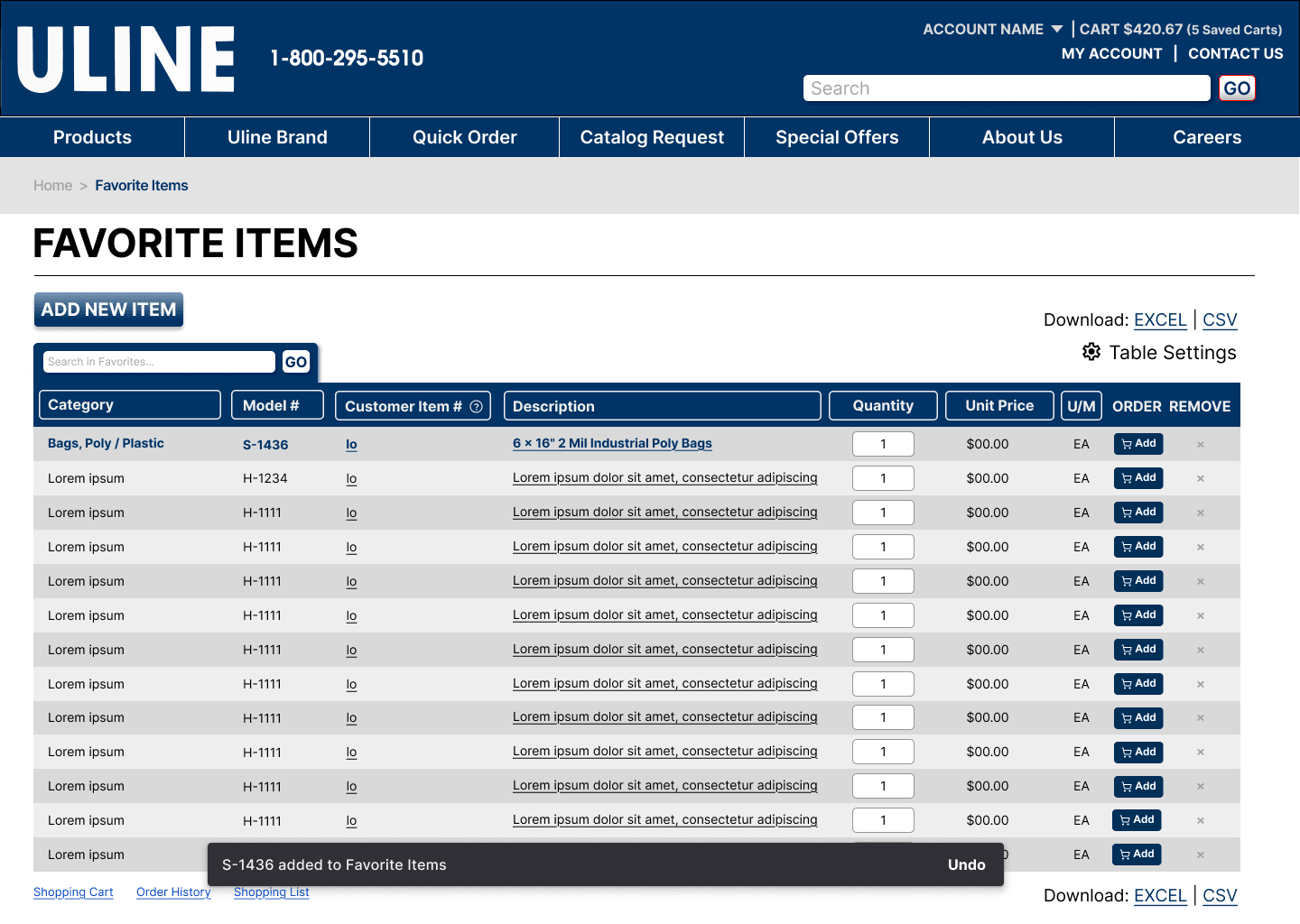 Favorite Items table with a snackbar: S-1436 added to Favorite Items, with Undo