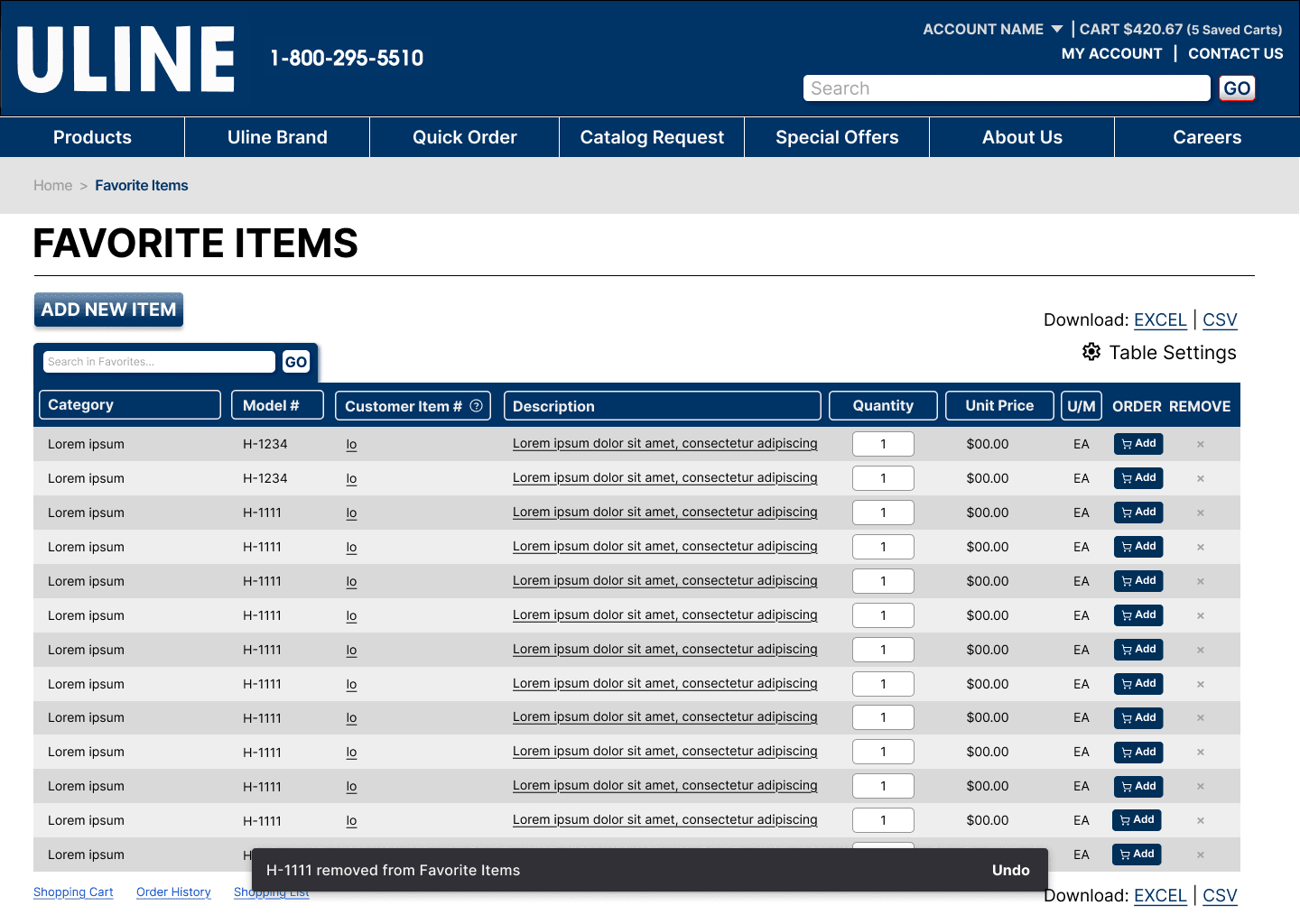 Favorite Items table with a snackbar: H-1111 removed from Favorite Items, with Undo