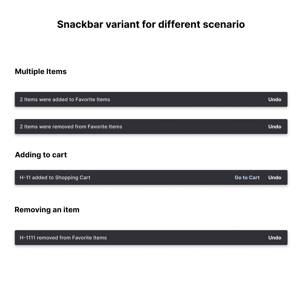Snackbar variants for multiple items, adding to cart, and removing an item