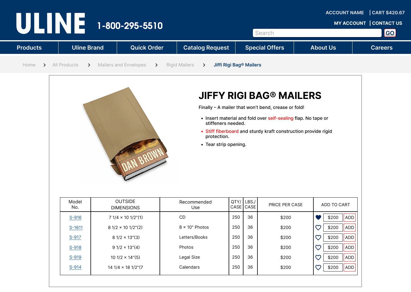 Jiffy Rigi Bag Mailers product page with heart buttons beside each model