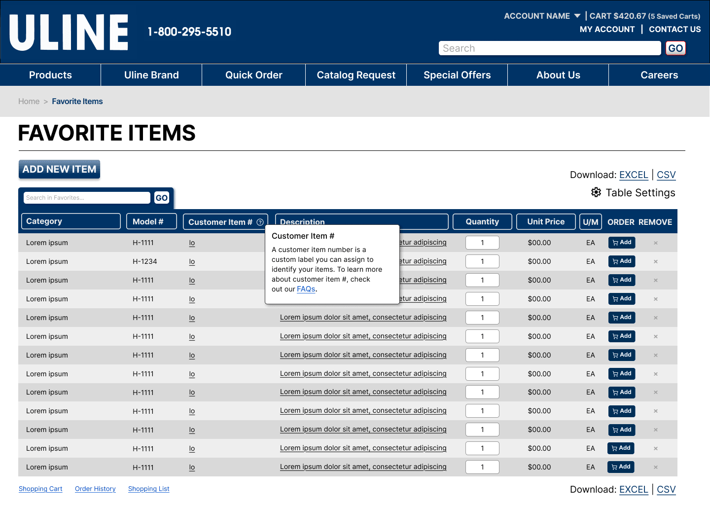 Favorite Items table with the Customer Item # tooltip open
