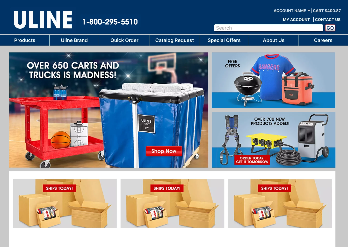 Uline homepage with the account menu closed