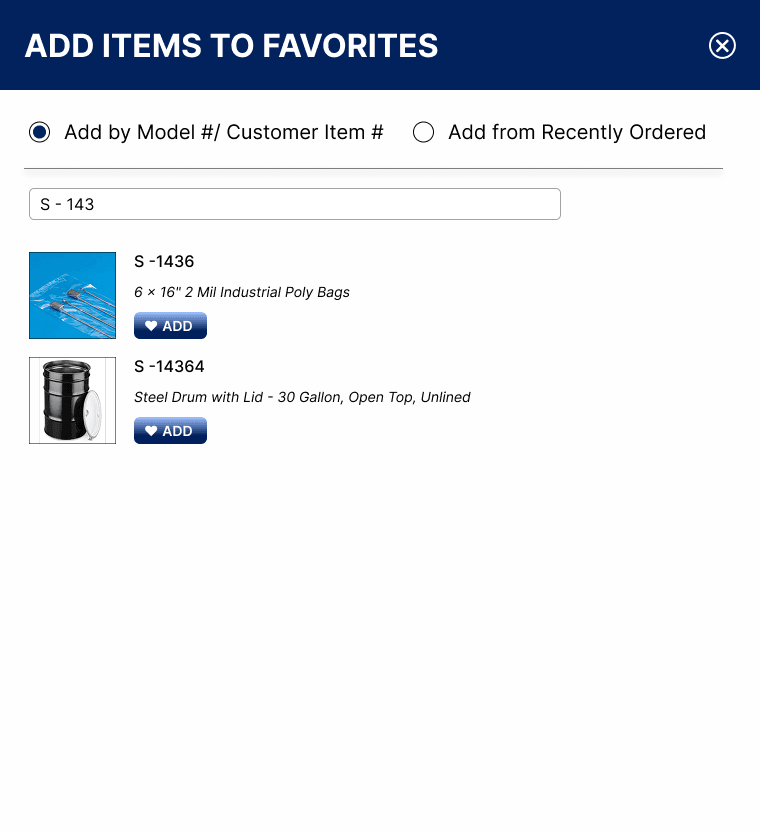 Add Items to Favorites modal: search results for S-143 with Add buttons