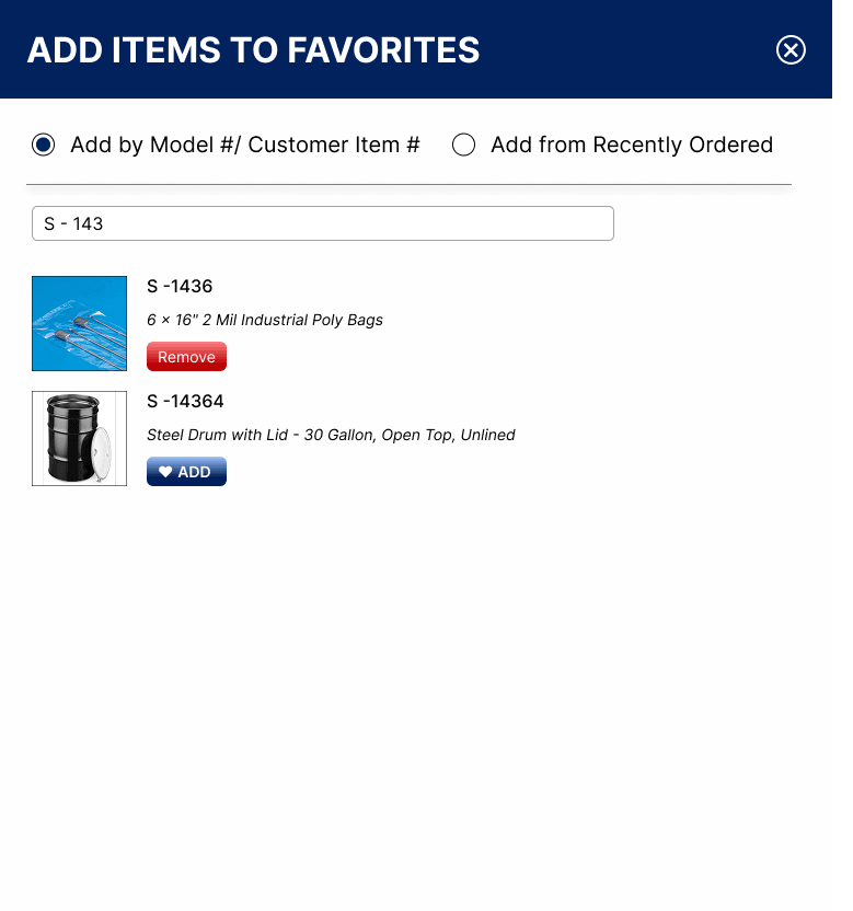 Add Items to Favorites modal: S-1436 added, with a Remove button