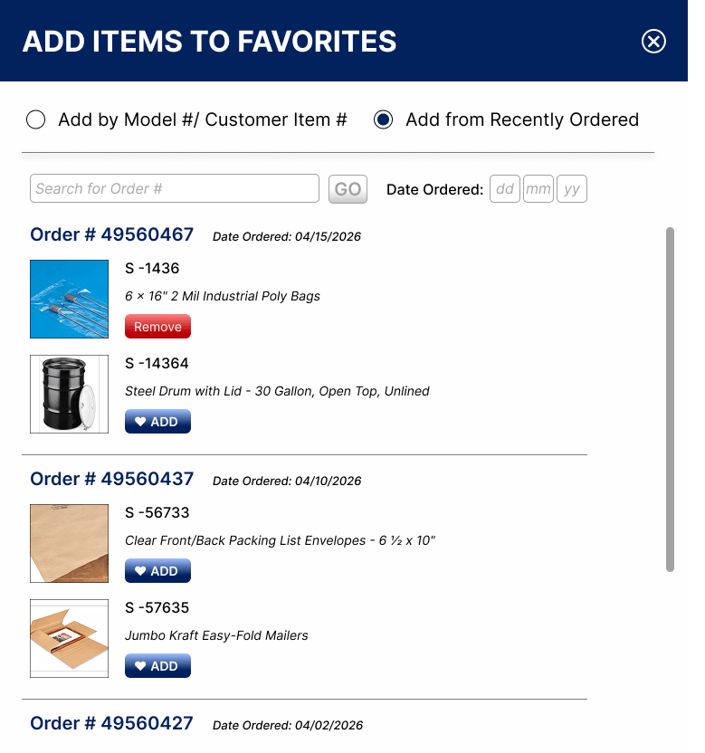 Add Items to Favorites modal: Add from Recently Ordered, with one item added
