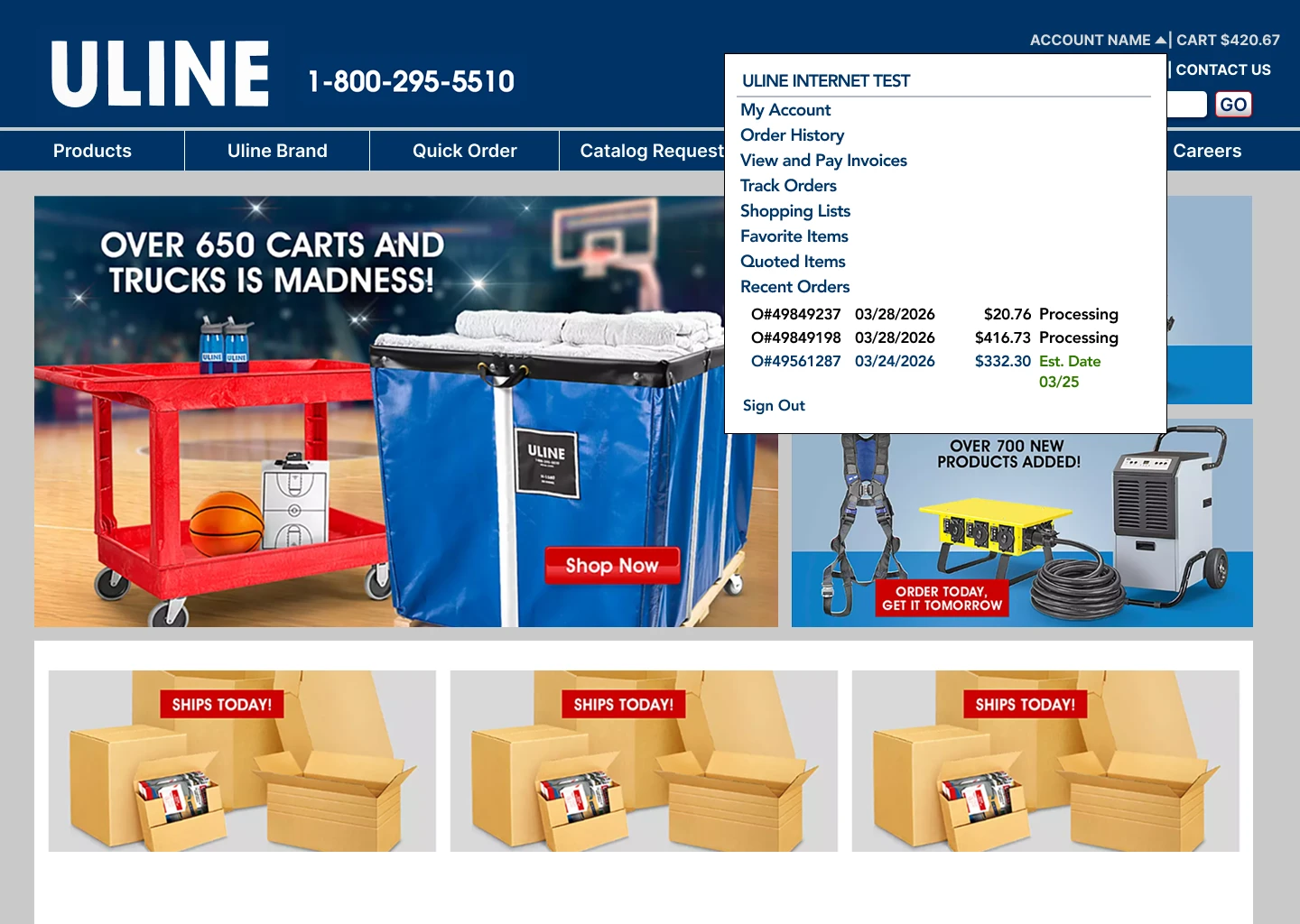 Uline homepage with Favorite Items in the My Account dropdown