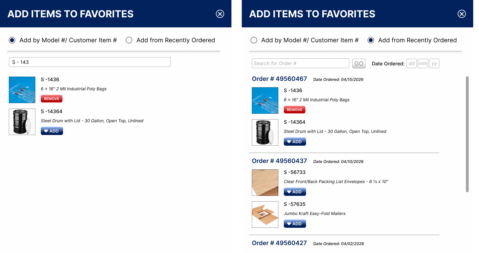 Add New Item modal with dynamic search