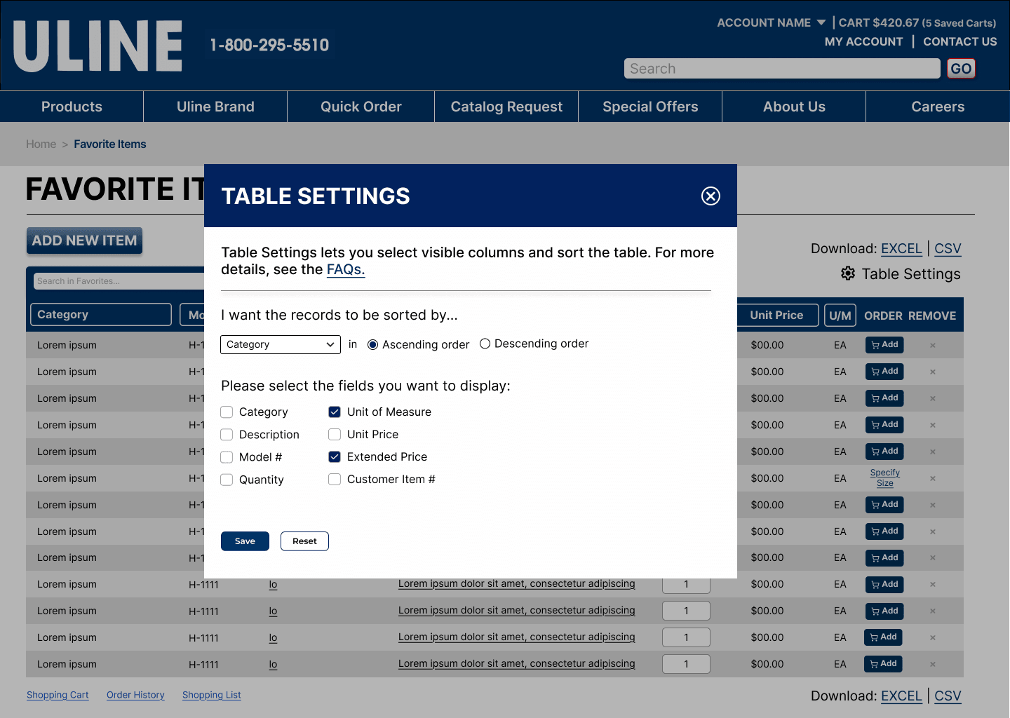 Table Settings and Sort modal